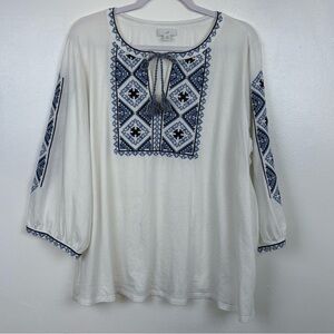 J.Jill Women’s 2X White & Blue‎ Embroidery Cotton Blend Top